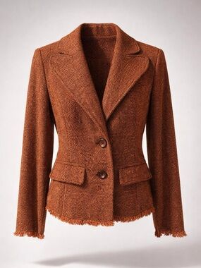Emma & Sam Tweed Blazer Jacket, brown/orange, raw edges, 2, EUC